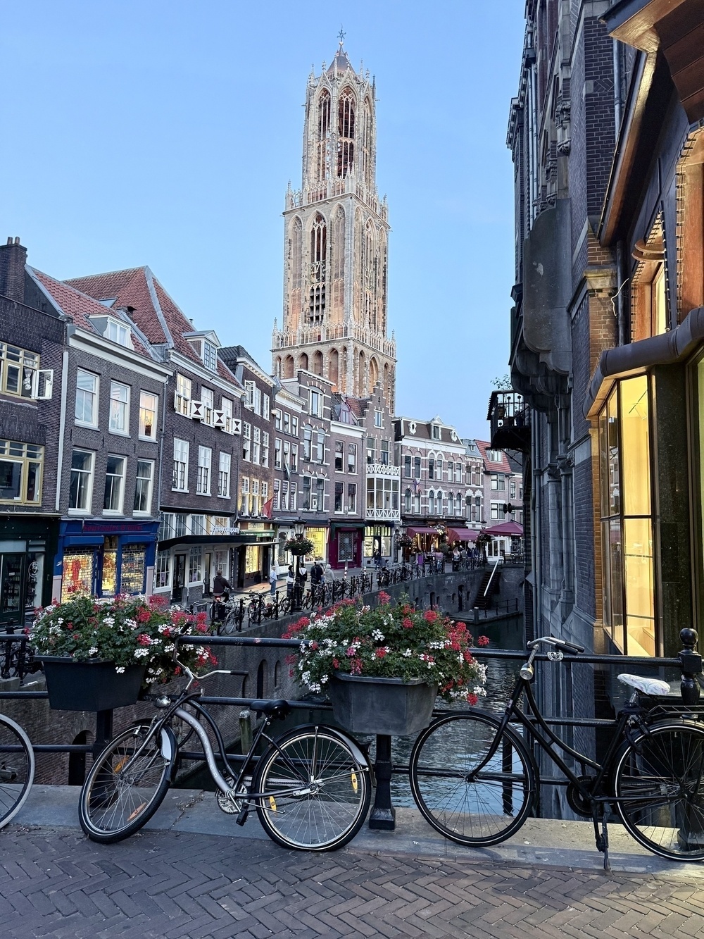 A picturesque street with bicycles and colorful flower boxes is set against the backdrop of a towering Gothic cathedral.