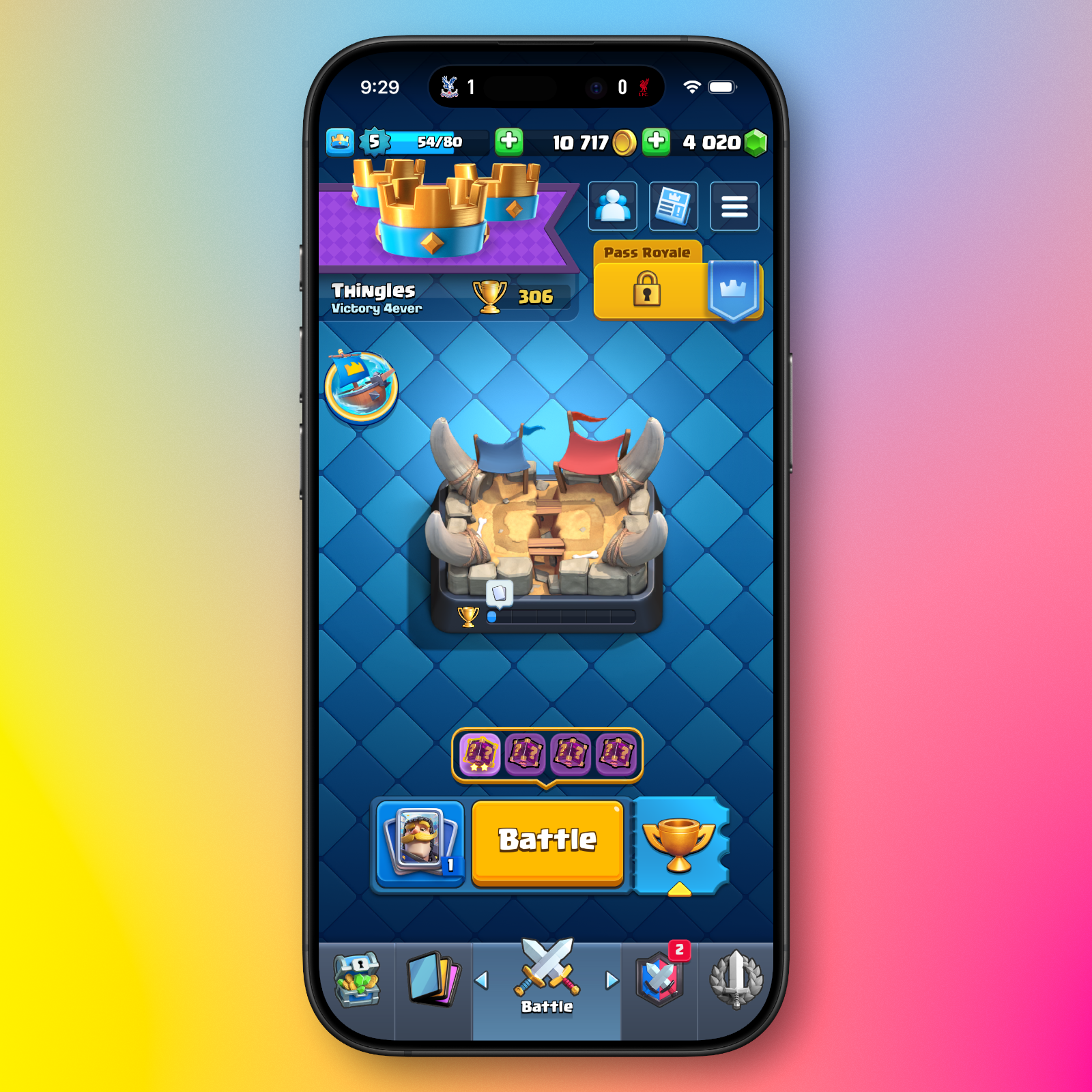 A smartphone displays the Clash Royale game interface, showing a player's profile with trophy count, chests, and the battle button.