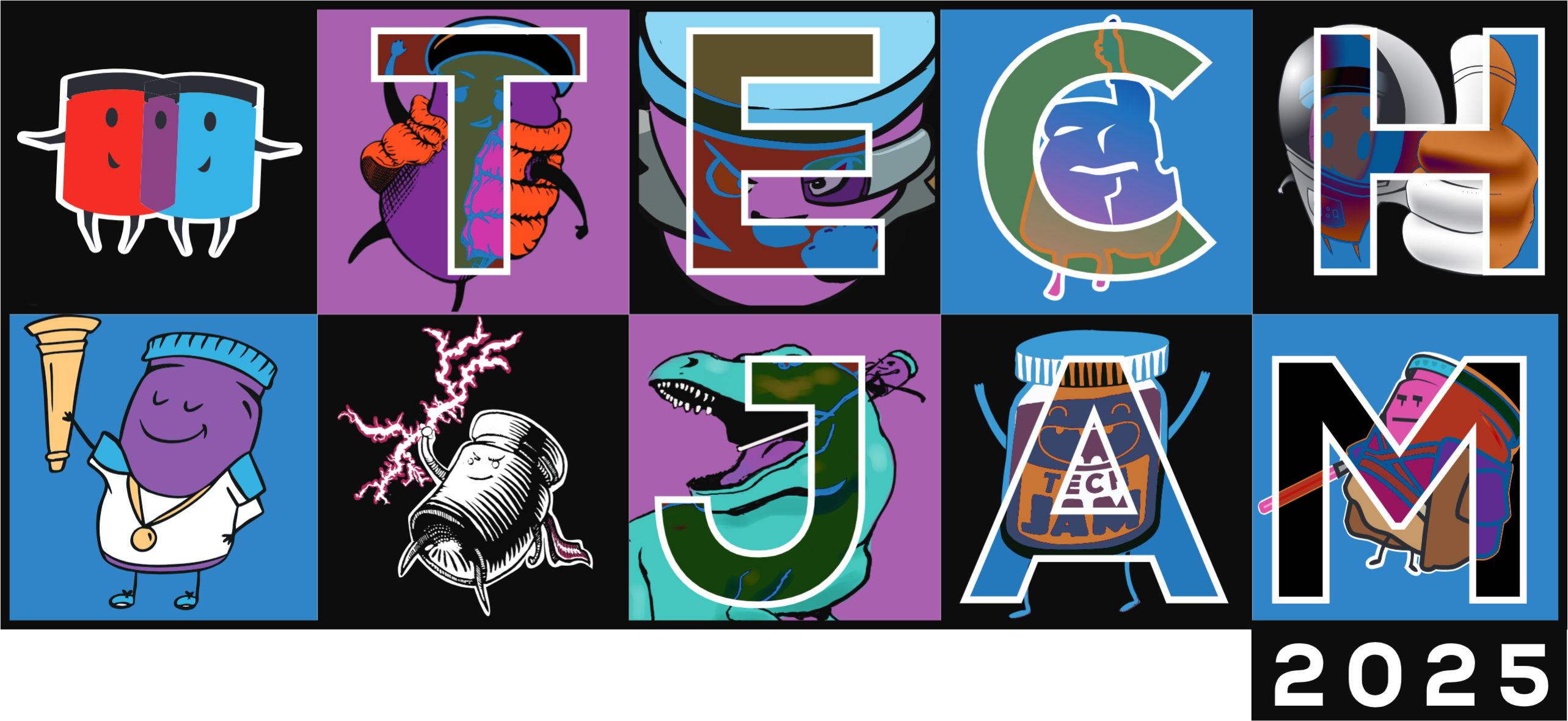 A colorful TECH JAM 2025 graphic features cartoon characters and various themed illustrations within each letter.