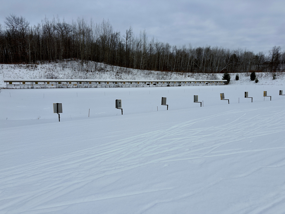 A snowy landscape features multiple shooting targets arranged in a line, with a backdrop of leafless trees and overcast skies.