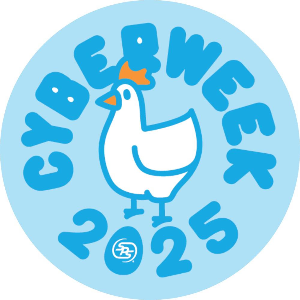 Auto-generated description: A cartoon chicken is surrounded by the words CYBER WEEK 2025 on a blue circular background.