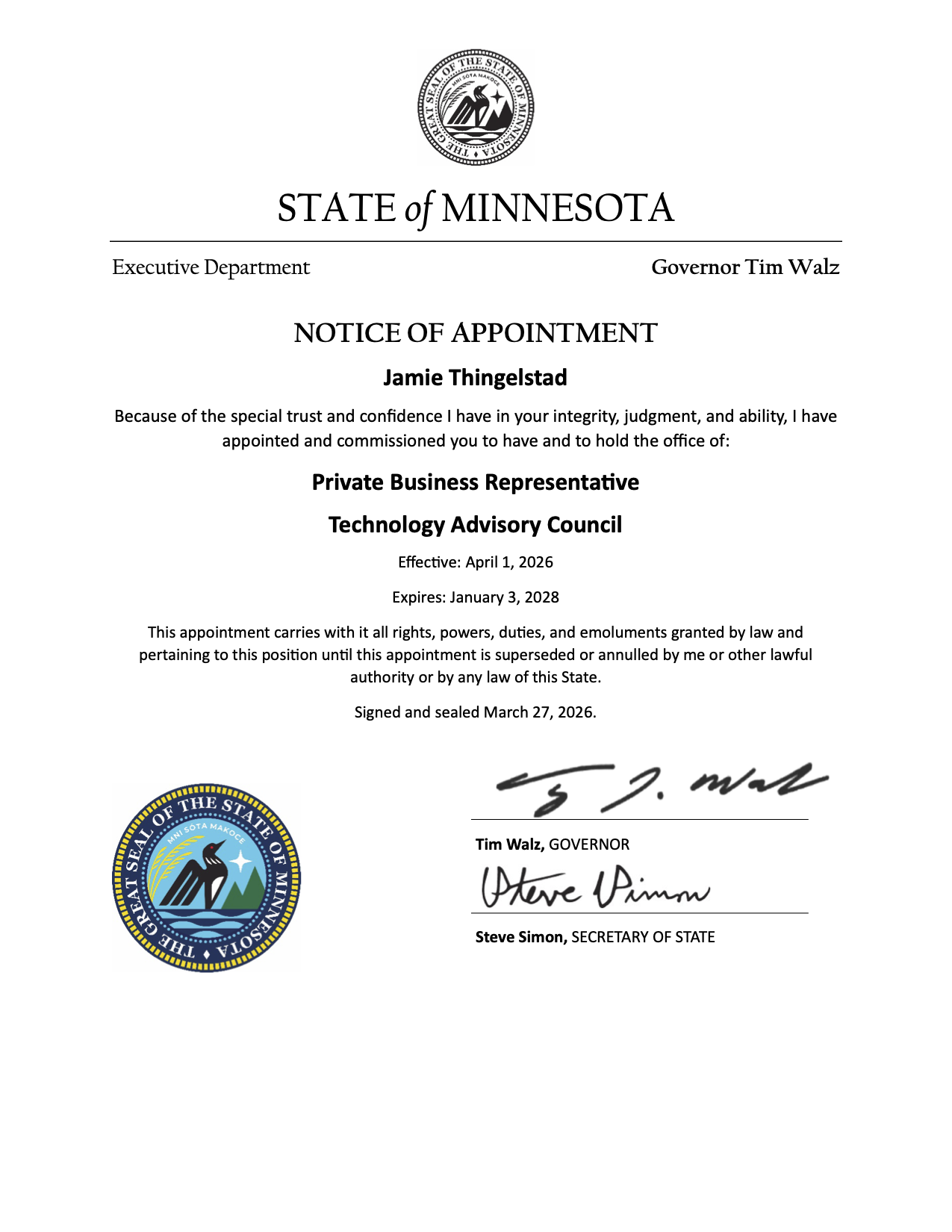 Official State of Minnesota Notice of Appointment naming Jamie Thingelstad as Private Business Representative, signed by Governor Tim Walz