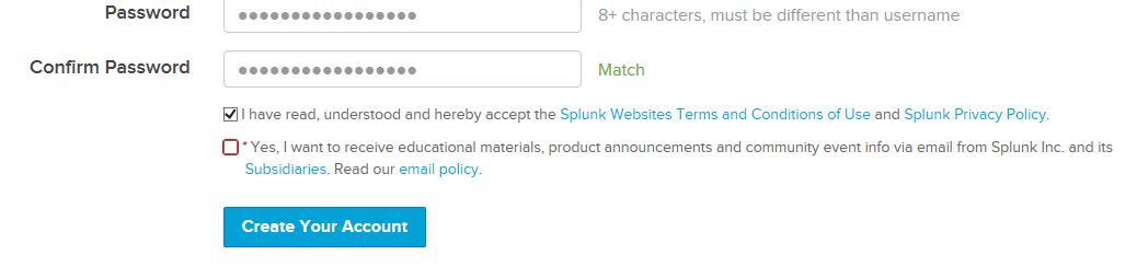 The Splunk signup screen, showing a non-optional checkbox