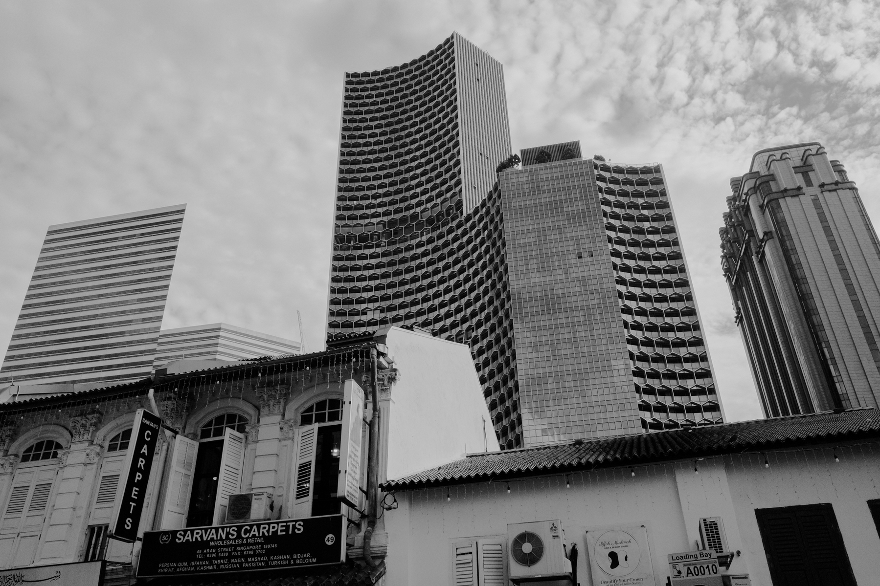 a black and white photo showing a contrast of architecture between old and new
