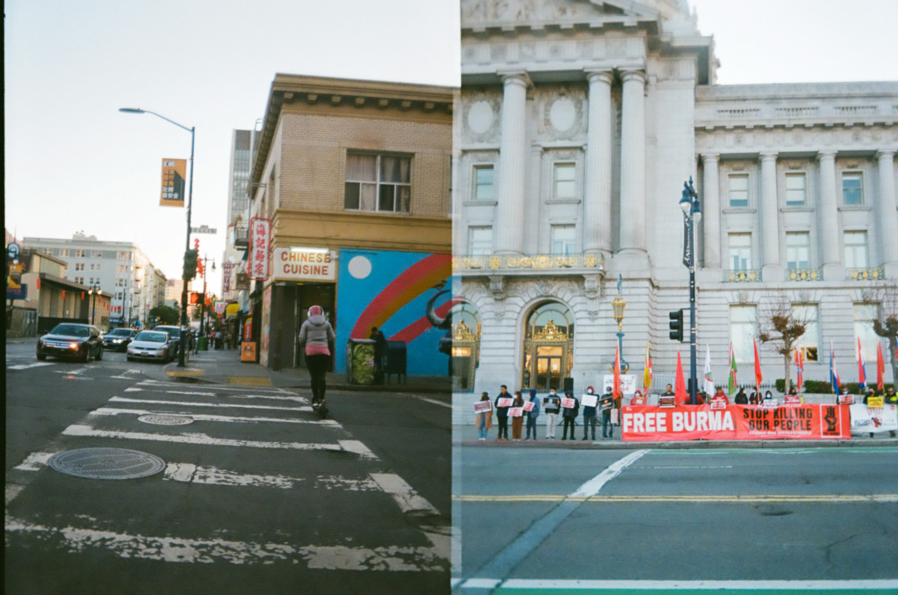 A half frame photo diptych of City Hall with a Burmese protest outside it and a view of Larkin St