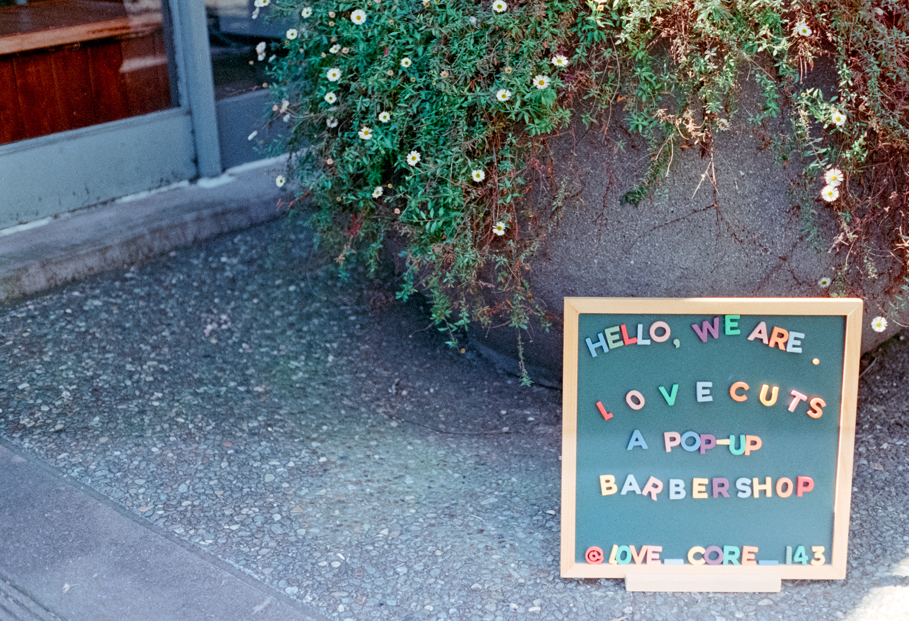 a scan of a color photograph showing a sign that says Free Haircuts