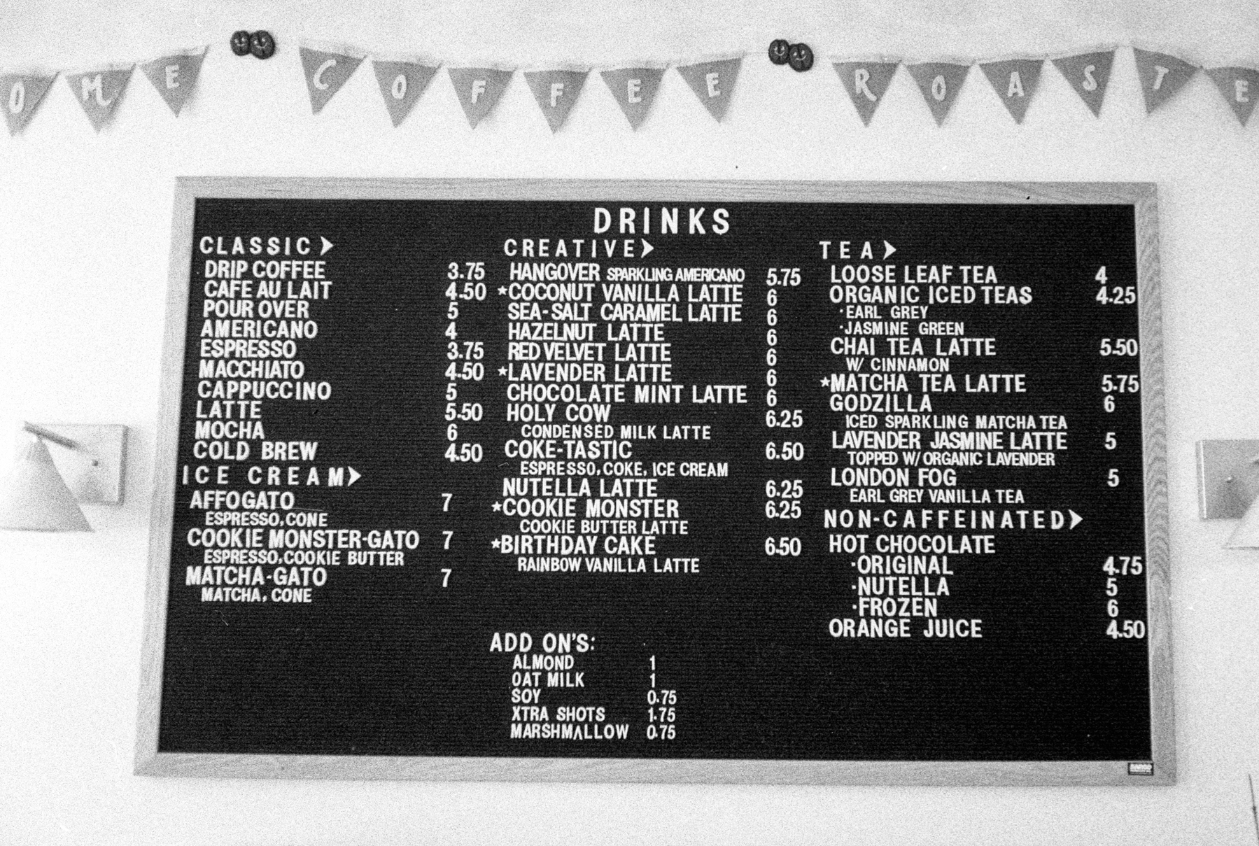 a scan of a black and white photo showing a coffee menu at a San Francisco cafe