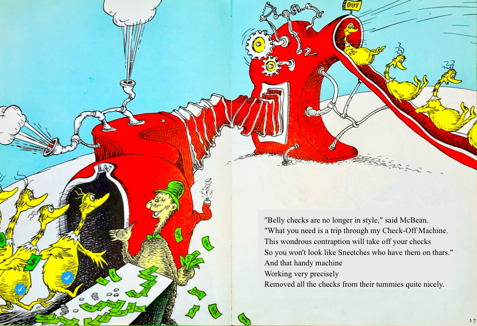 Belly checks are no longer in style, said McBean.
&10;What you need is a trip through my Check-Off Machine.
&10;This wondrous contraption will take off your checks
&10;So you won't look like Sneetches who have them on thars.
&10;And that handy machine
&10;Working very precisely
&10;Removed all the checks from their tummies quite nicely.