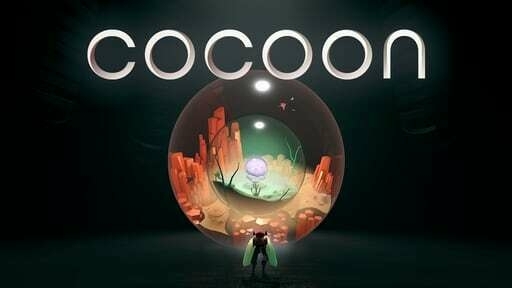 Cocoon logo and game graphics: a small insect like creature standing in front of a huge glass ball that seems to contain an entire world with yet another glass world in a different color contained into that again