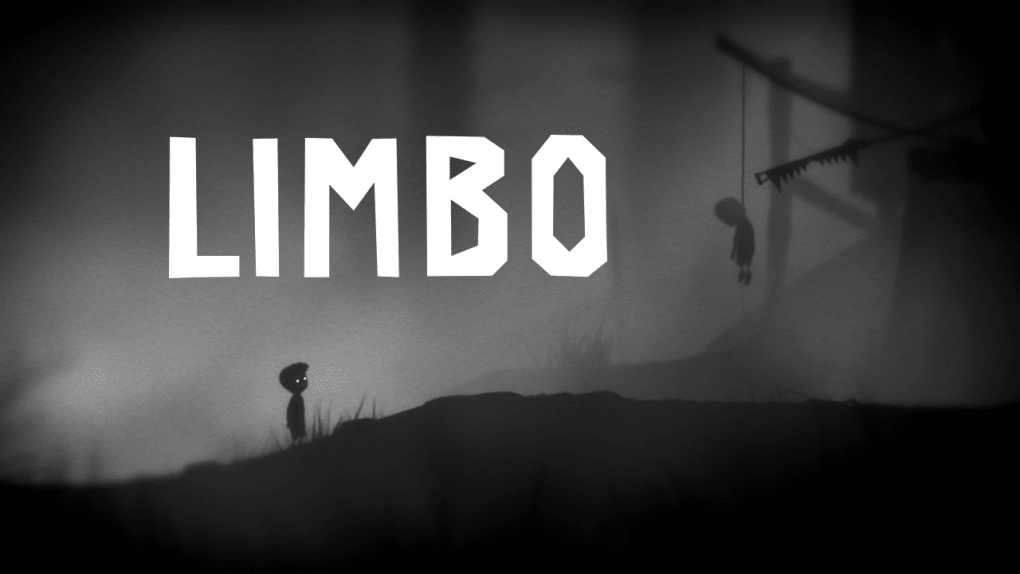 Limbo game. A small kid standig in a forest with what looks like someone hanging from a noose in the distance stylized in black sillouttes on top og grey to light gray backround. Limbo logo in very angled unnerving typography.