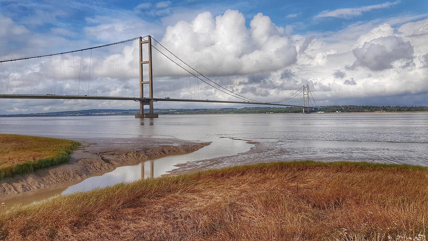 View of the Humber Bridge, stretching over the Humber estuary. The sky is filled with dense, billowing clouds; the reeds in the foreground are in Autumnal reds and golds. 