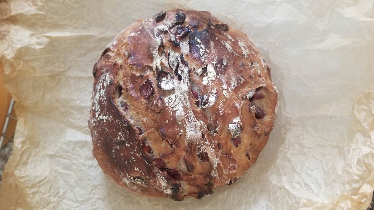 A round rustic cranberry and walnut loaf cooling on a wire rack.