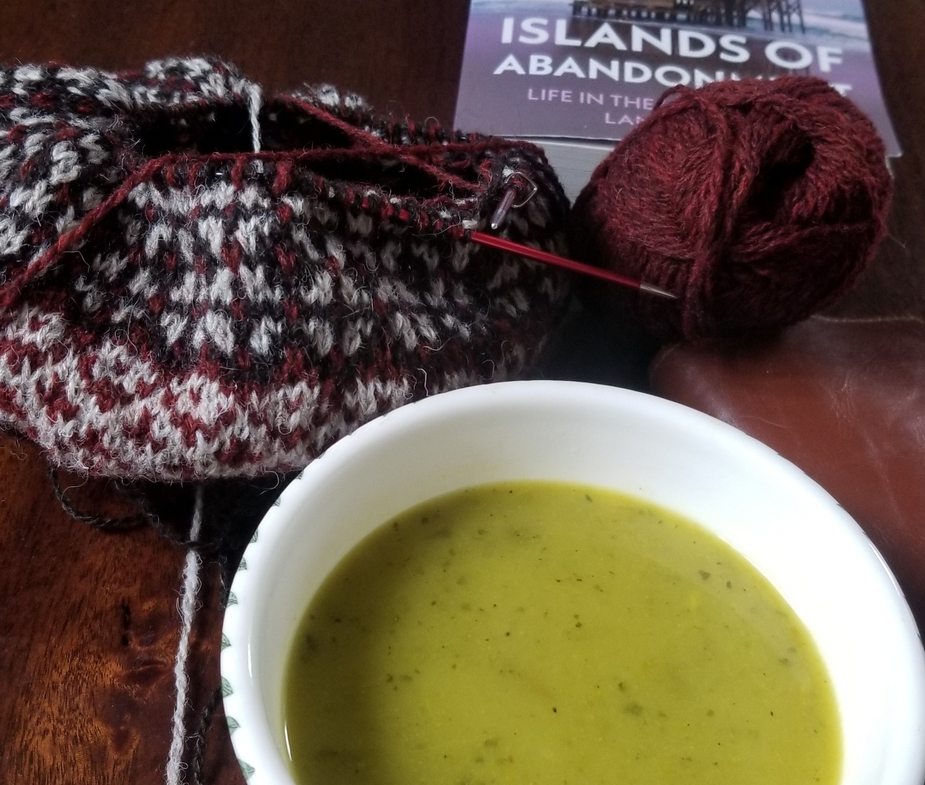 A half-knitted hat with a ball of yarn, a bowl of green pea soup, and a paperback copy of 'Islands of Abandonment'