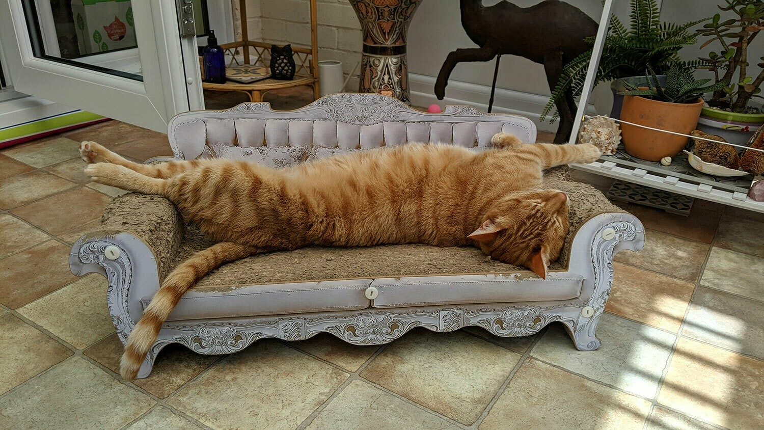 A ginger cat lying sprawled full-length on his back on a cardboard cat-sofa
