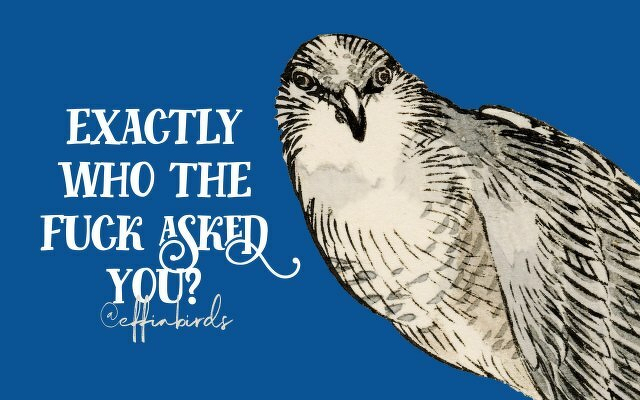 A painting of a bird beside the text "exactly who the fuck asked you?"