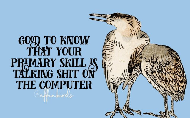 A painting of a bird beside the text "good to know that your primary skill is talking shit on the computer"