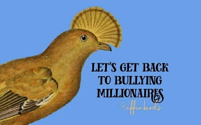 A painting of a bird beside the text "let's get back to bullying millionaires"