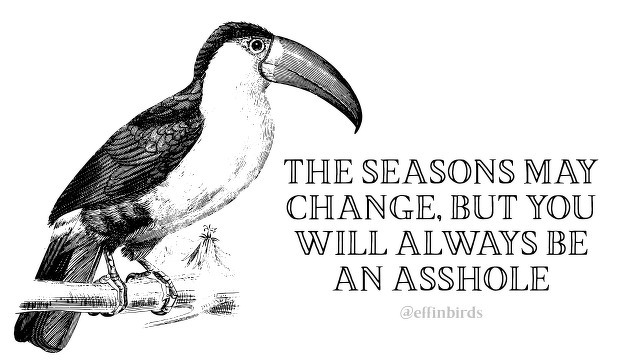 A woodcut of a bird beside the text "THE SEASONS MAY CHANGE, BUT YOU WILL ALWAYS BE AN ASSHOLE"