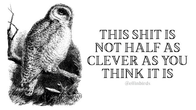 A woodcut of a bird beside the text "THIS SHIT IS NOT HALF AS CLEVER AS YOU THINK IT IS" 