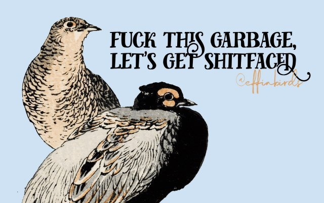 A painting of a bird beside the text "fuck this garbage, let's get shitfaced"