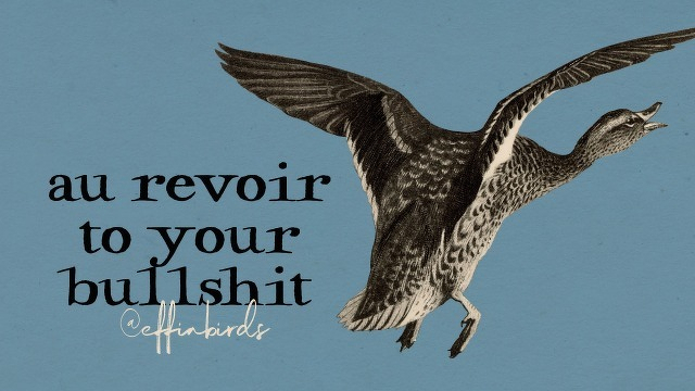 A painting of a bird beside the text "au revoir to your bullshit"