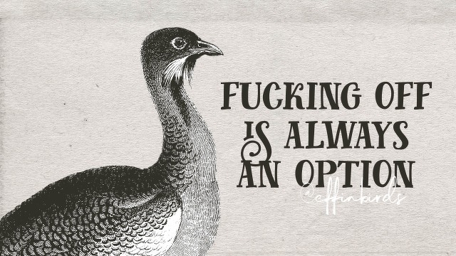 A woodcut of a bird beside the text "fucking off is always an option"