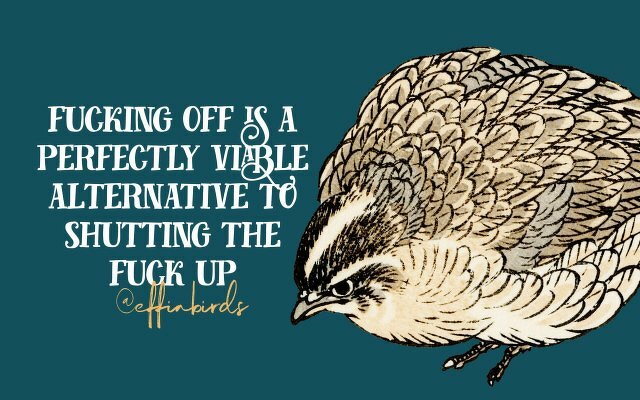 A painting of a bird beside the text "fucking off is a perfectly viable alternative to shutting the fuck up" 