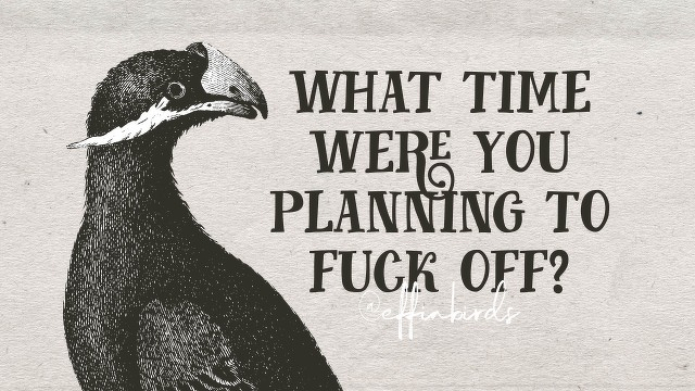 A woodcut of a bird beside the text "what time were you planning to fuck off?"
