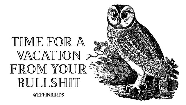 A woodcut of a bird beside the text "time for a vacation from your bullshit"