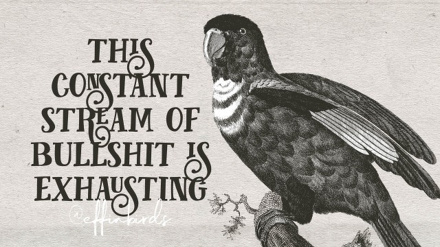 A woodcut of a bird beside the text "this constant stream of bullshit is exhausting"