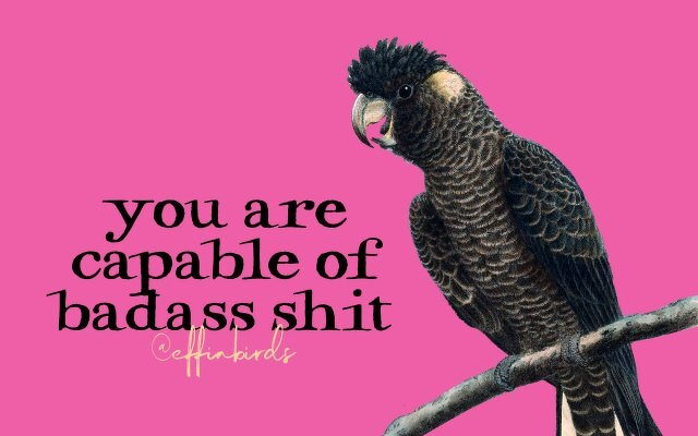 A painting of a bird beside the text "you are capable of badass shit"