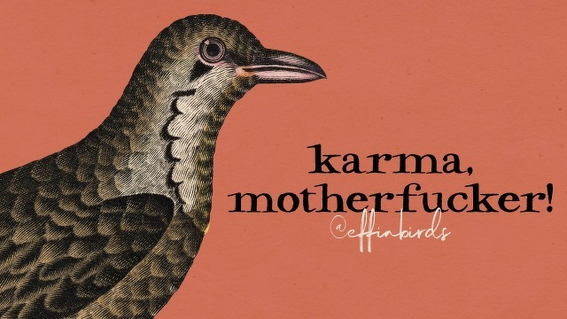 A painting of a bird beside the text "karma, motherfucker!"