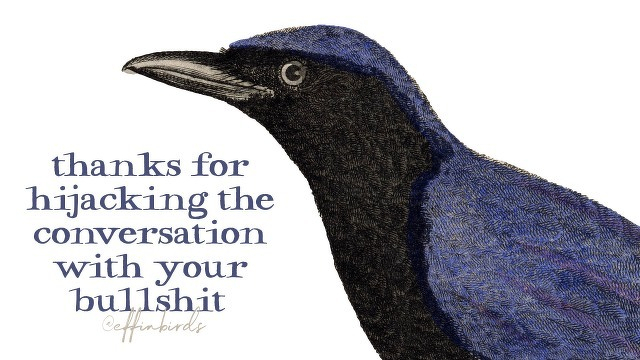 A painting of a bird beside the text "thanks for hijacking the conversation with your bullshit"