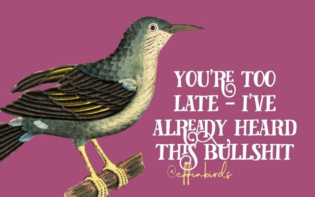 A painting of a bird beside the text "you're too late – i've already heard this bullshit"