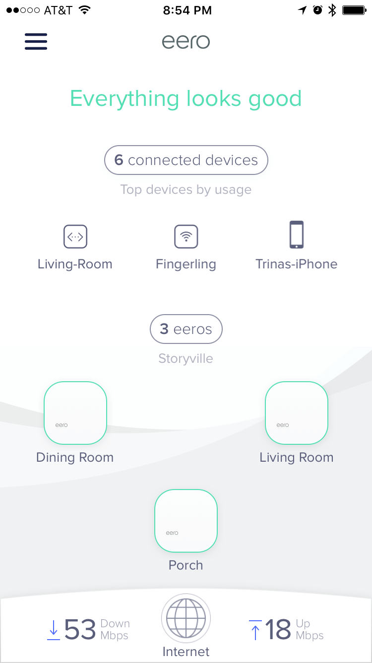 An Eero app interface displays a network status with six connected devices, including a living room and porch, showing internet speeds.