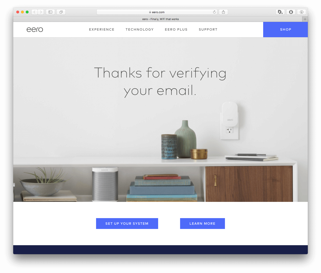 A website confirmation page shows a Thanks for verifying your email message with decorative items on a shelf below.