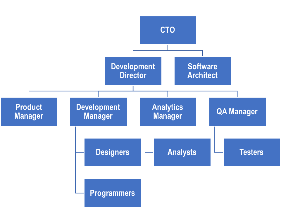 A flowchart depicts the organizational structure under a CTO, including roles such as Development Director, Software Architect, Product Manager, Development Manager, Analytics Manager, and QA Manager along with their respective teams.