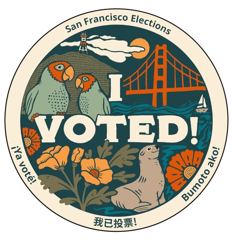 Image of a colorful sticker featuring the text “I VOTED!” surrounded by illustrations of the Golden Gate Bridge, Sutro Tower, a seal, parrots, and California poppies. Text around the sticker’s circular border reads, “San Francisco Elections,”“我已投票!,” “¡Ya voté!,” and “Bumoto ako!”