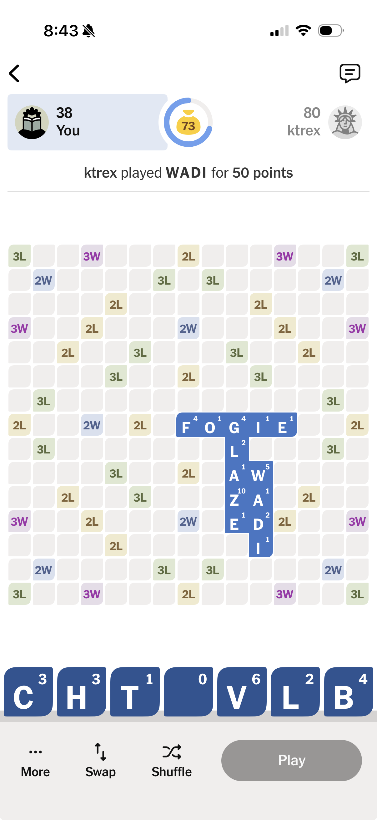 A screenshot of an NYT Games Crossplay Scrabble-like word game. The board is partially played, with letters forming the connected words FOGIE, GLAZE, WADI, AW, ZA, and ED. The player’s rack contains the letters C, H, T, V, L, B, and a blank tile.