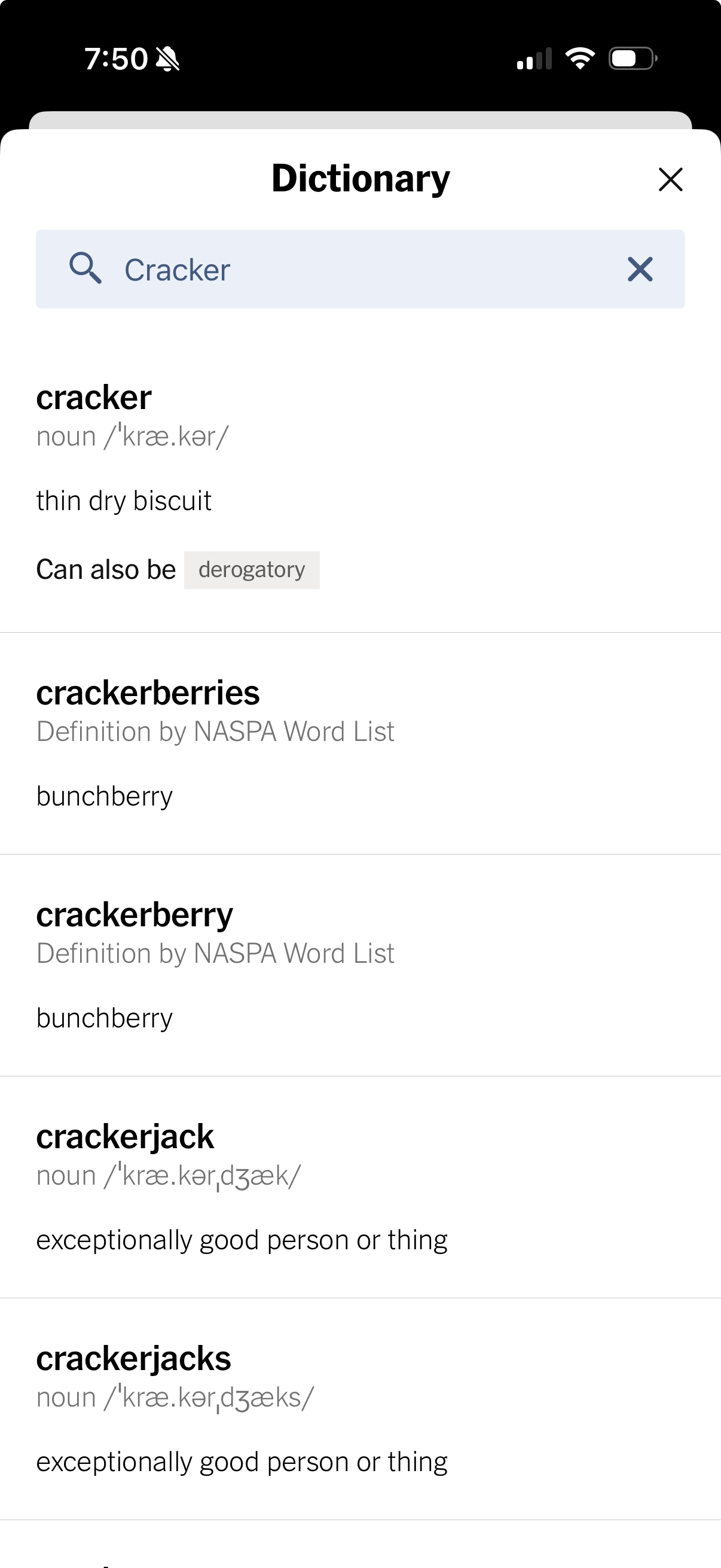 Screenshot of a smart phone dictionary app displaying the definition of cracker as thin dry biscuit, noting it can be derogatory, and includes entries like crackerberries and crackerjack.