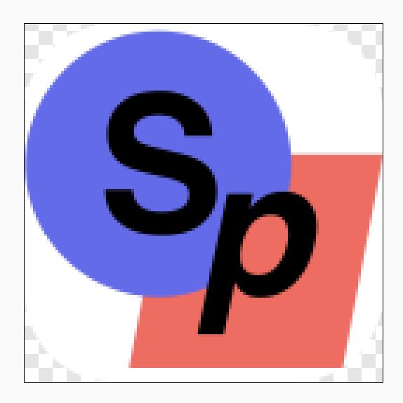 The SinterPixels icon, an overlapping blue square and red parallelogram with the letters S and p in black, the S centered on the circle, the p in italic centered on the parallelogram
