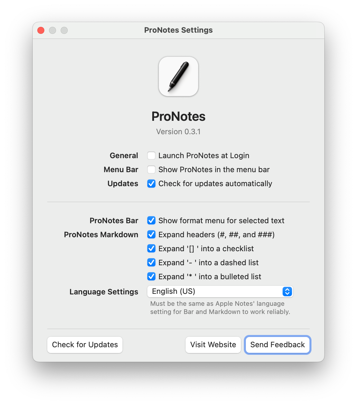 ProNotes settings panel