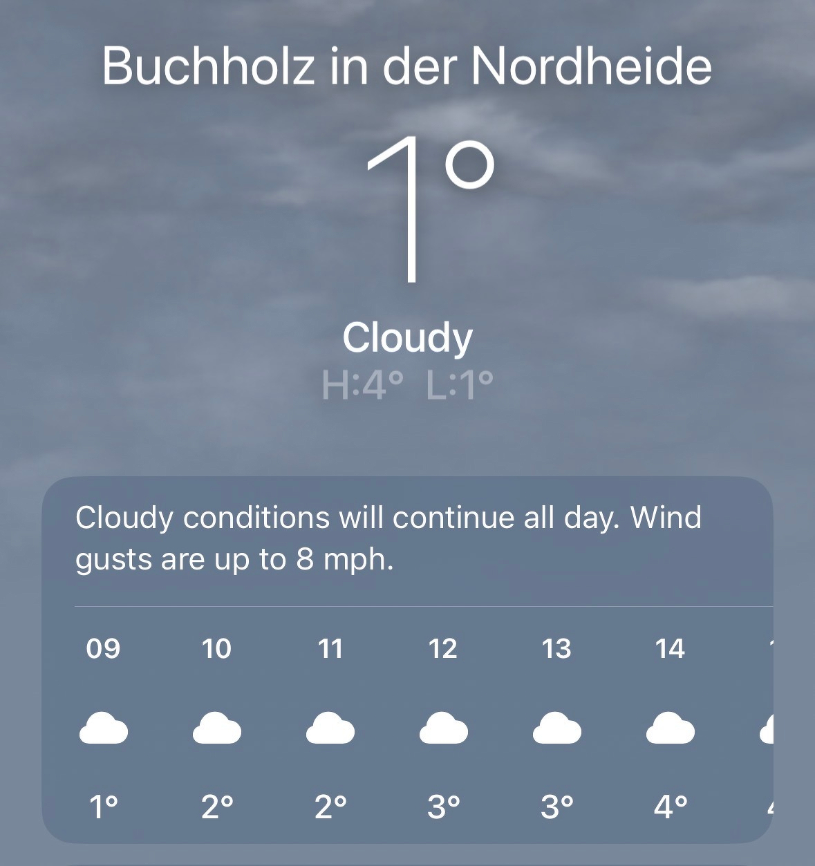 Weather forecast Buchholz. Cloudy all day, currently 1°C, rising to 4°C by 2 pm, slight winds.