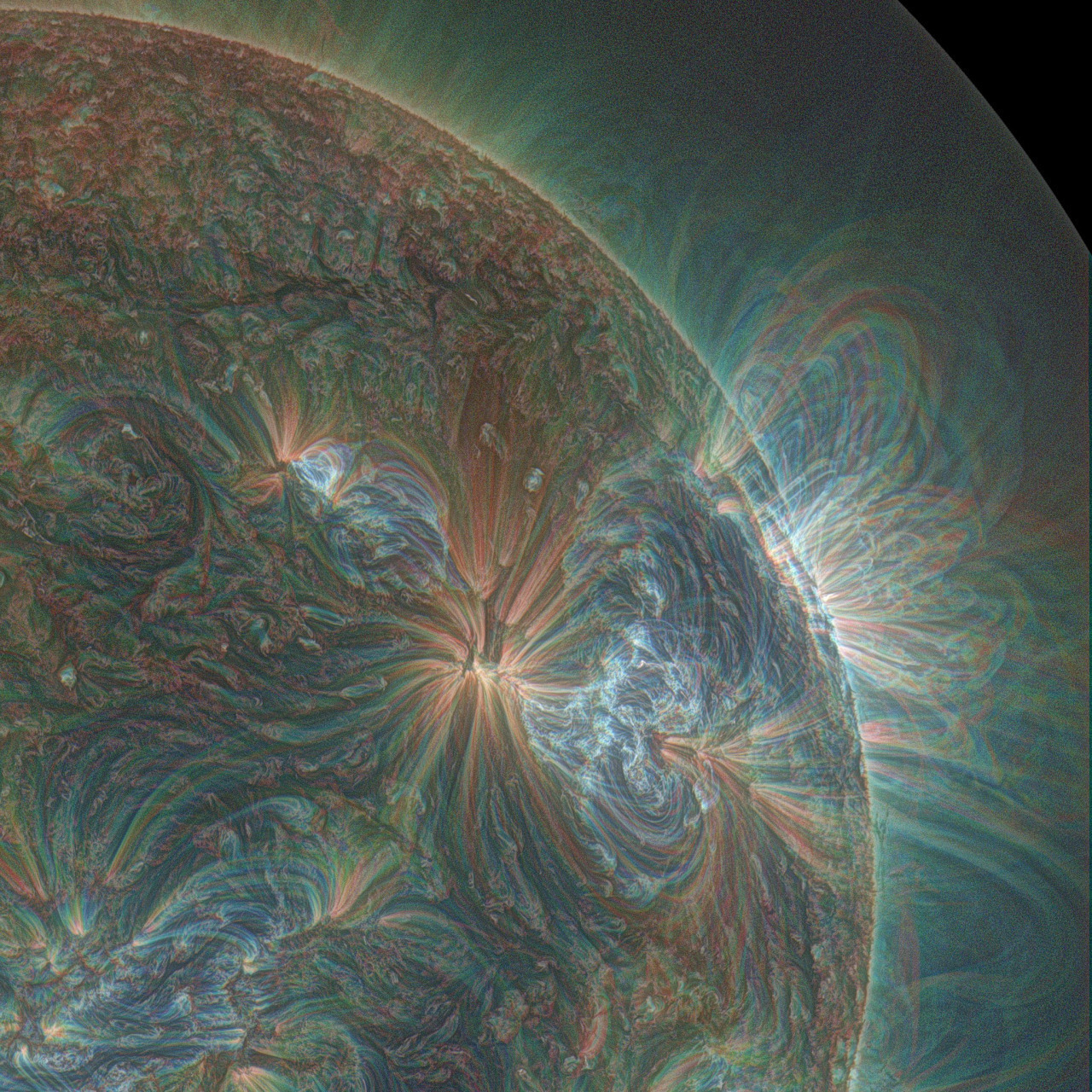 A photograph of the sun through an ultraviolet lens. It looks kinda oily, slick and rainbowish.