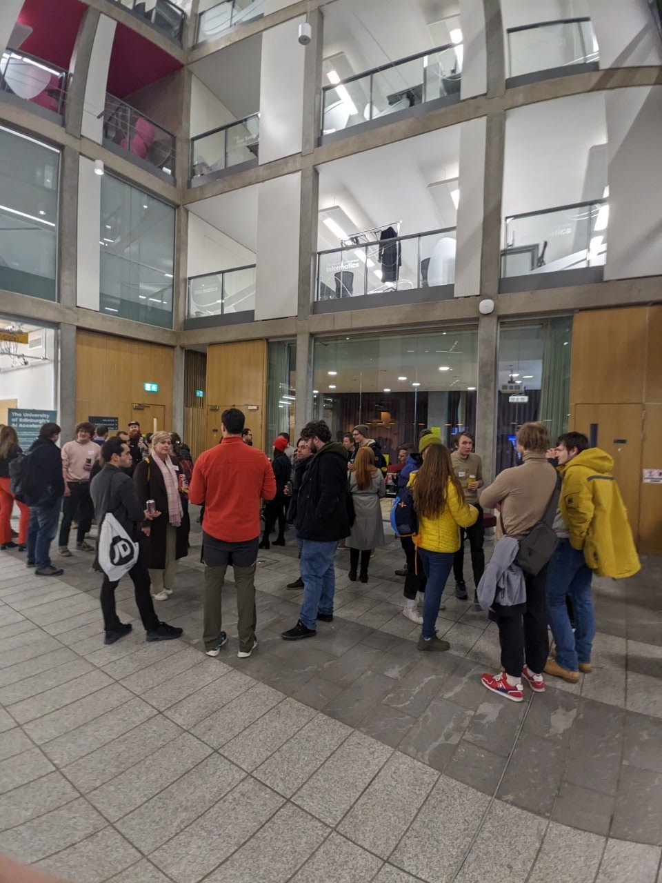 EdinburghJS Attendees in the atrium of the Bayes