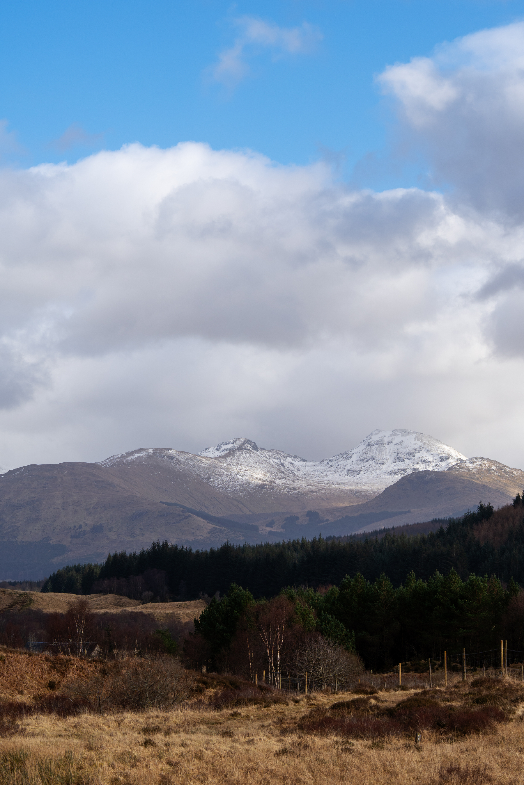 A snow-capped mountain range under a partly cloudy sky is surrounded by rolling hills and forested areas.
