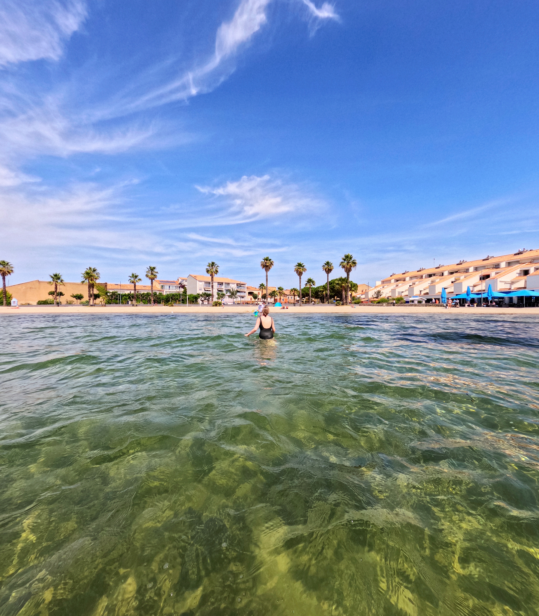 H standing in shallow, clear water near a sandy beach lined with palm trees and buildings under a blue sky.