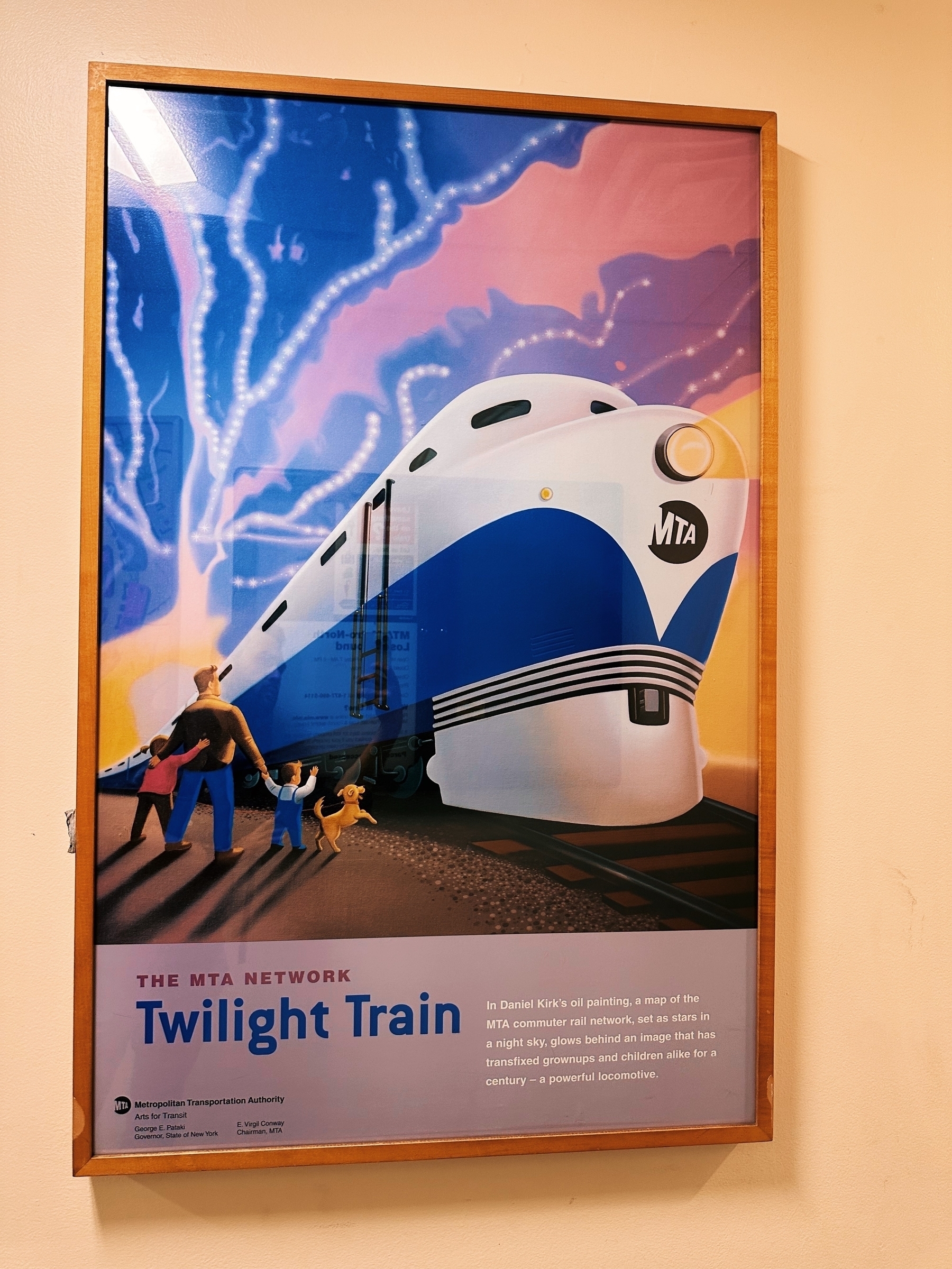 An art deco style art print called Twilight Train of people standing outside a futuristic looking train
