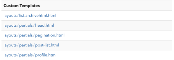 List of custom templates. 