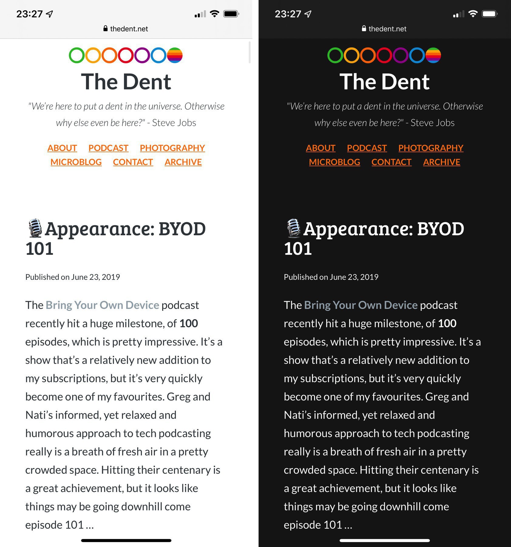Andy’s screenshot of his site using light or dark mode. 